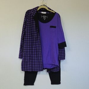 Carole Hochman Purple and Black Checkered Jacket with Top and Pants Pajama Set